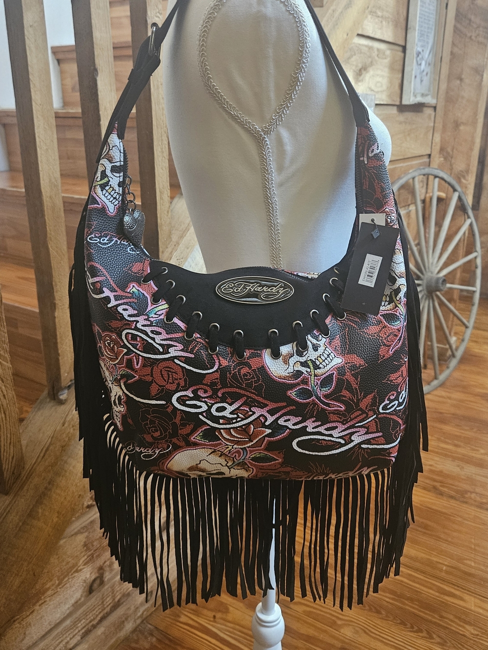 Ed Hardy Black & Red Fringe Hobo Bag